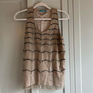 Alice + Olivia sequin silk beaded top with overlay, size M